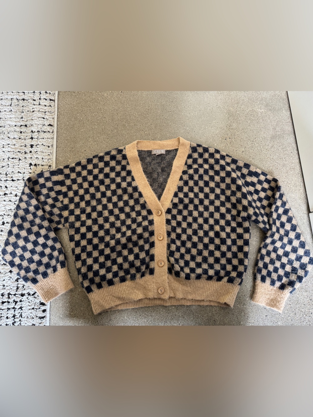 J. Crew Tan and Navy Checkerboard Cardigan Sweater in L